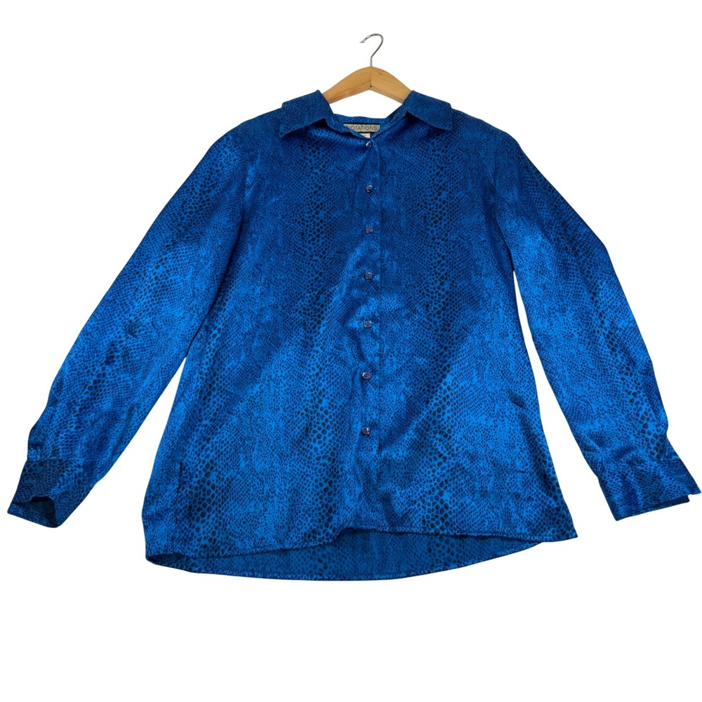 Notations Blue Animal Print‎ Satin Long Sleeve Button Down Blouse Size M 15433